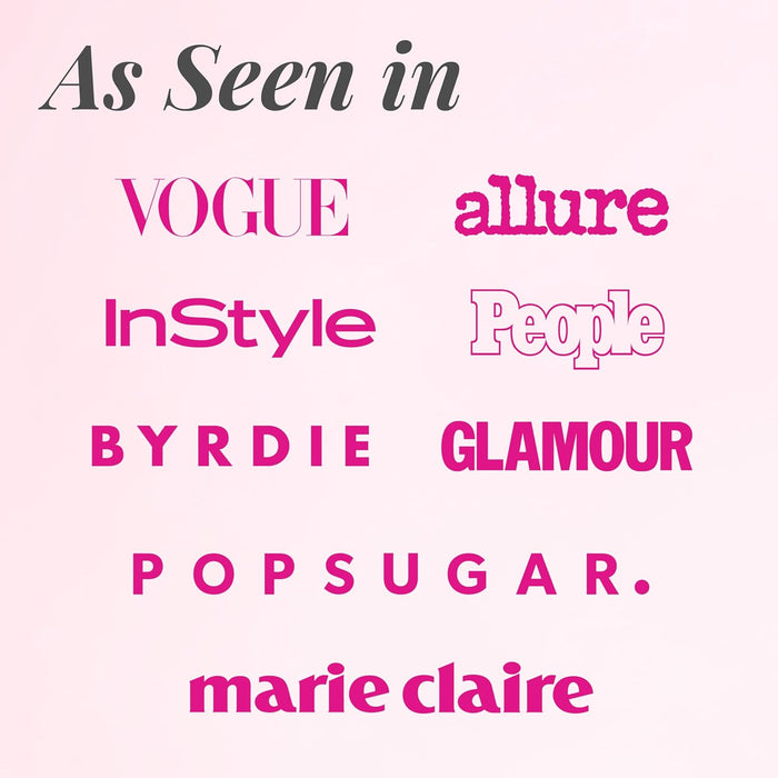 Picture with text "As Seen in", "VOGUE", "allure", "InStyle", "People", "BYRDIE", "GLAMOUR", "POPSUGAR.", and "marie claire" on a pink background