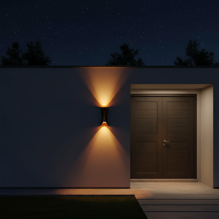 Plato 24W LED wall lamp glowing golden at night on smooth wall