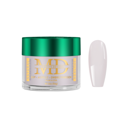Jar of MD powder with a green lid and gold text on a white background