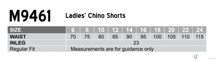 Size chart for pool ladies chino shorts showing ladies chino shorts sizing info