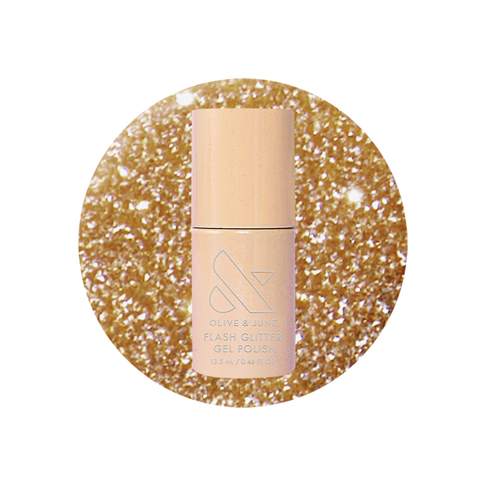 Pop Fizz Mani Gel bottle with sparkling yellow gold flash glitter polish for bright at-home manicures
