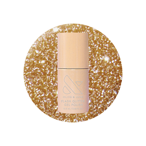 Pop Fizz Mani Gel bottle with sparkling yellow gold flash glitter polish for bright at-home manicures
