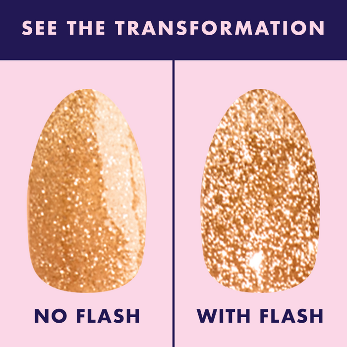 Pop Fizz Mani Gel gel polish swatch showing sparkling yellow gold glitter with and without flash lighting for mani use