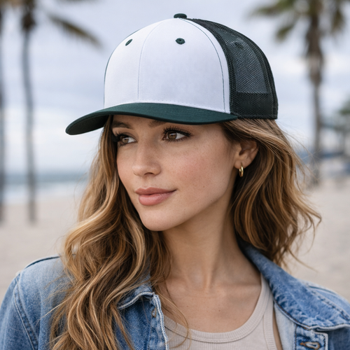 White and black trucker hat with mesh back and dark green brim made of premium twill for workwear or uniforms