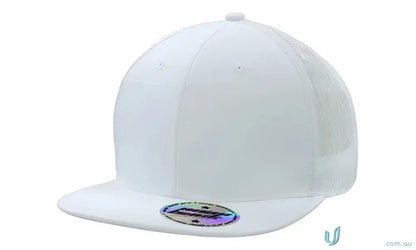 White flat-brimmed trucker hat with holographic pro sticker for uniforms FAQ link