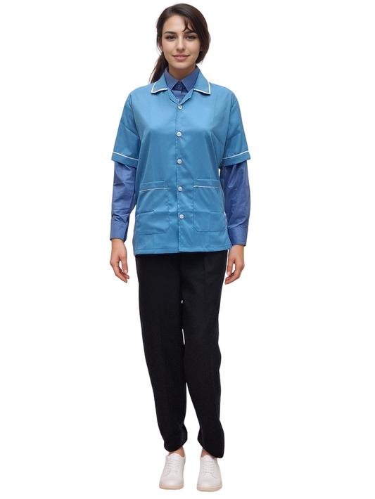 Premium Baby Blue Half Sleeve Apron for Staff - J R GARMENTS