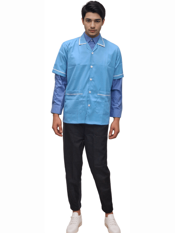 Premium Baby Blue Half Sleeve Apron for Staff - J R GARMENTS
