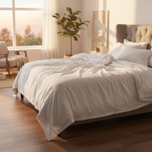 Premium percale bed sheets T-300 blend in white - crisp hotel-quality bedding for modern bedroom