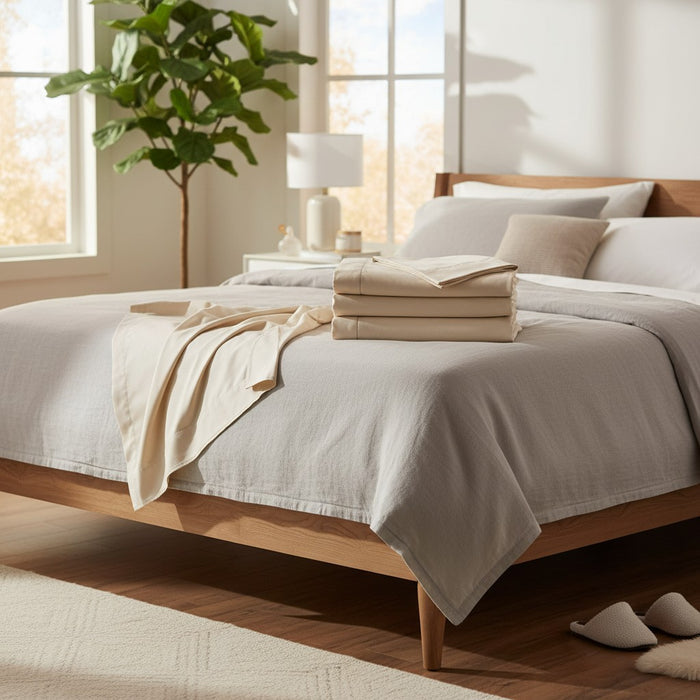 Luxury percale bed sheets in bone - easy-care T-300 cotton-polyester blend