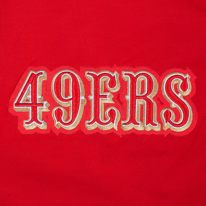 Side profile of the men's red Pro Standard 49ers full zip wind hoodie showcasing sleek design