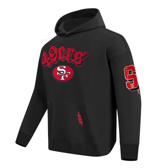 Black Pro Standard hoodie showcasing 49ers branding with comfortable drop shoulder cut