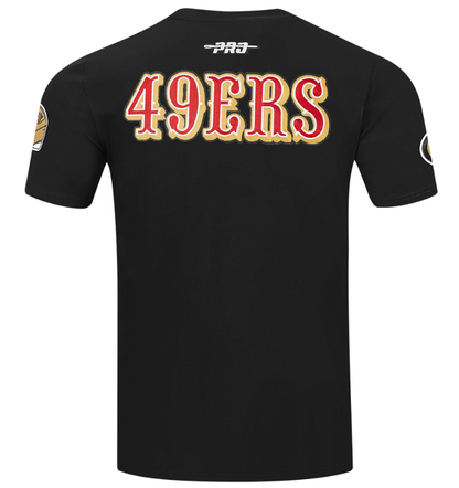 Close-up of the black Pro Standard San Francisco 49ers Men's S/S City Ransom Tee showcasing the team emblem and stylish print
