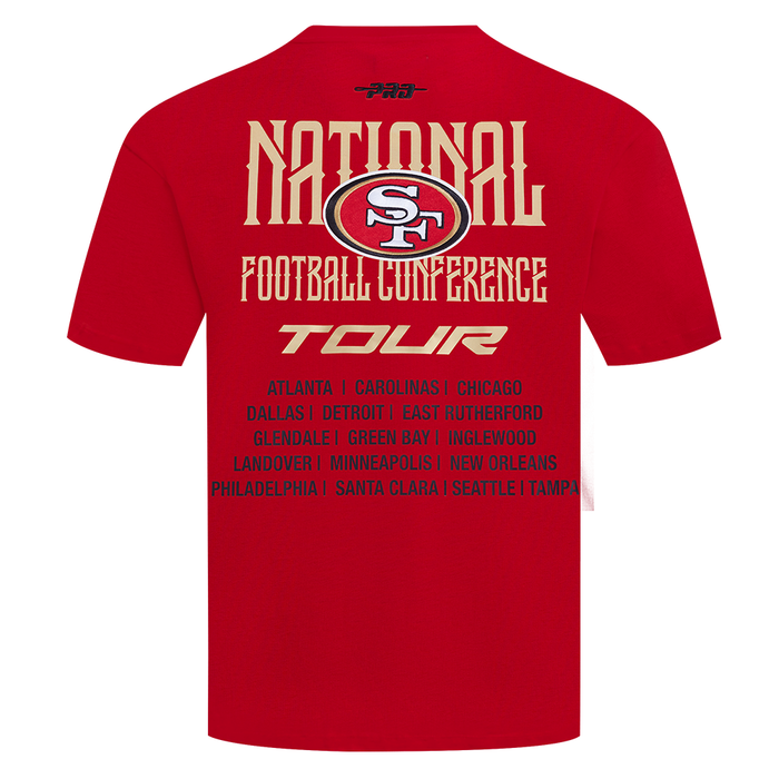 Close-up of the Pro Standard San Francisco 49ers men's short sleeve T-shirt in vibrant red color with team branding