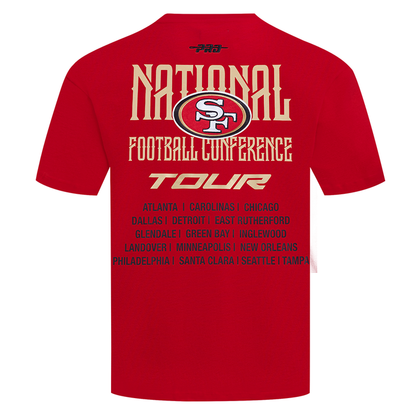 Close-up of the Pro Standard San Francisco 49ers men's short sleeve T-shirt in vibrant red color with team branding