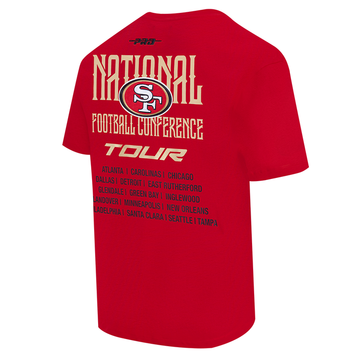 Right side of the men's red San Francisco 49ers T-shirt displaying the quality fabric and stitching