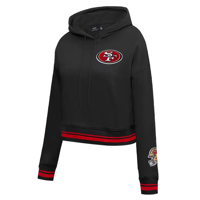 Women's cropped hoodie in black and red with San Francisco 49ers mashup design by Pro Standard
