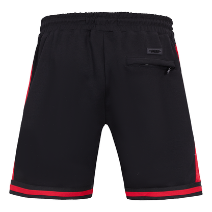 Front view of the black and red San Francisco 49ers Script Tail athletic shorts with team branding