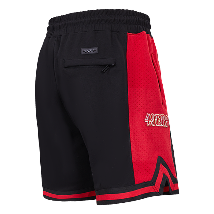 Side profile of the athletic shorts featuring the San Francisco 49ers logo and tail design