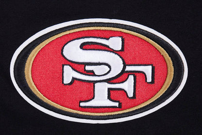 Back view of the black and red Pro Standard 49ers shorts highlighting stitching and team emblem