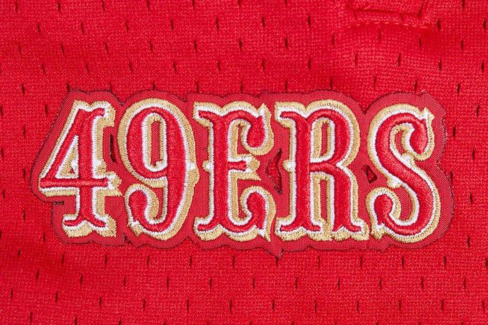 Full length of the black and red San Francisco 49ers Script Tail athletic shorts showcasing the overall design