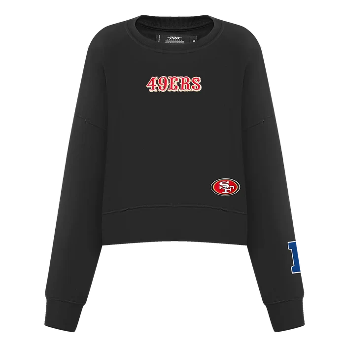 Close-up of the black Wingspan Women's Crewneck showcasing the San Francisco 49ers logo and detailed stitching