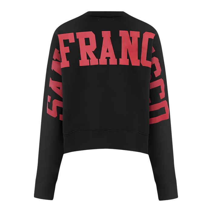 Full view of the Pro Standard San Francisco 49ers Wingspan Women's Crewneck in black with team branding prominently displayed