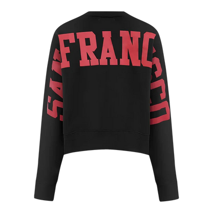 Full view of the Pro Standard San Francisco 49ers Wingspan Women's Crewneck in black with team branding prominently displayed
