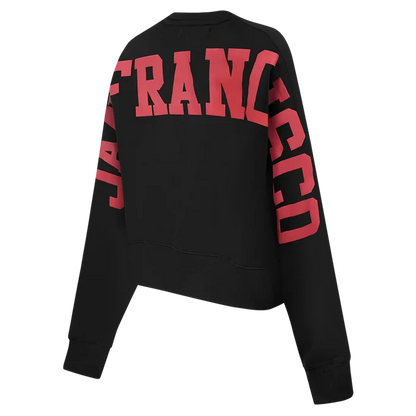 Side angle of the black Wingspan Women's Crewneck showing comfortable fit and team branding details