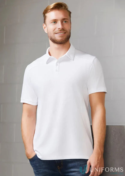 Man in white polo from the collection profile polo, perfect for jersey knit stay cool style