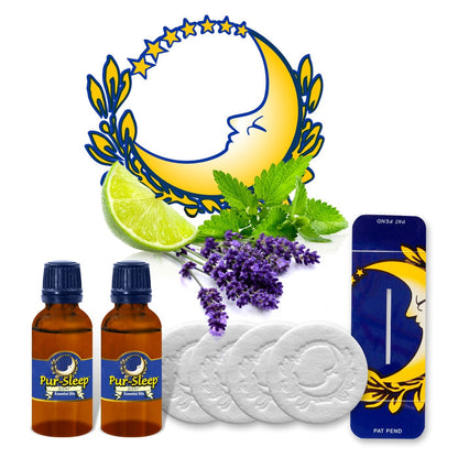 Pur-Sleep products including bottles, lavender, lime, and packaging on a white background