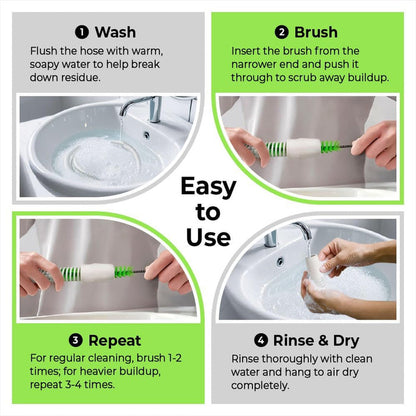 Step-by-step guide on cleaning a hose with text and images of washing, brushing, and rinsing.