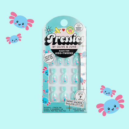 Rainbow Axolotl Chrome - Pressies | Extra Short Short | Round showing blue round false nails with cute axolotl designs