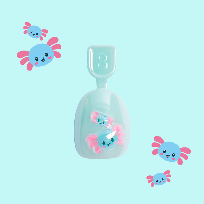 Rainbow Axolotl Chrome - Pressies | Extra Short Short | Round showing pastel blue false nail with pink axolotl design