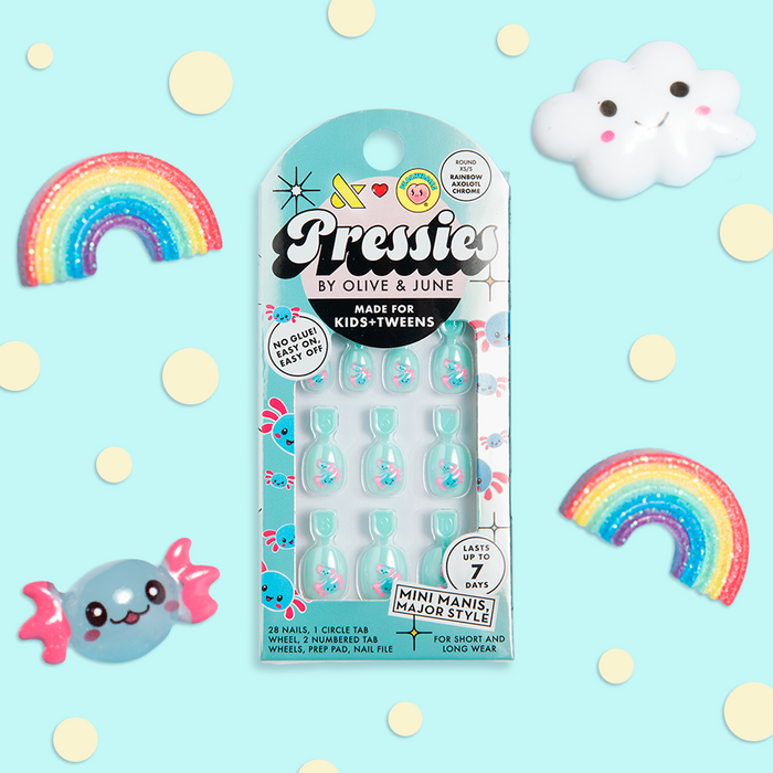Rainbow Axolotl Chrome - Pressies | Extra Short Short | Round showing blue false nails with pastel axolotl designs in packaging