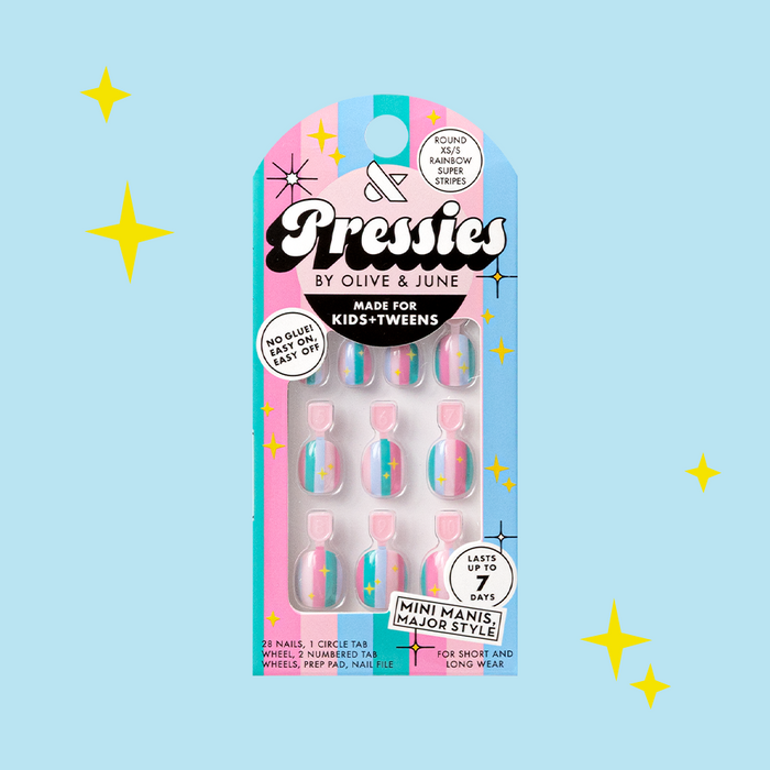 Rainbow Super Stripes - Pressies | Extra Short Short | Round showing colorful striped press on nails in packaging with sparkle accents on blue background