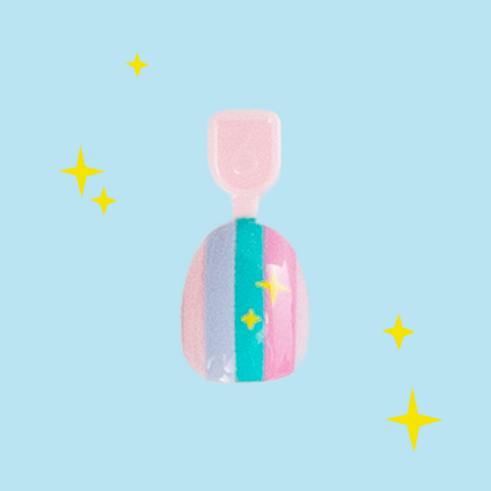 Rainbow Super Stripes - Pressies | Extra Short Short | Round showing a pastel stripe press-on nail with sparkle on blue background