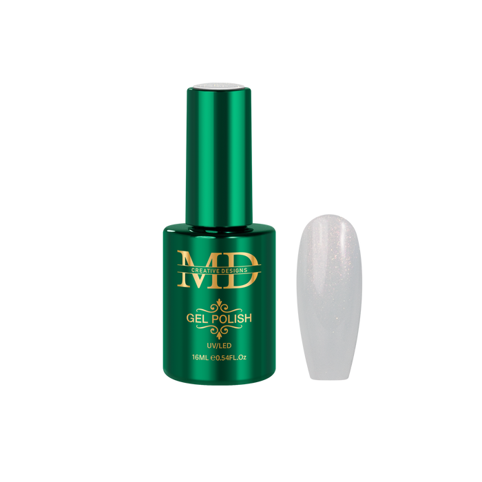 Green gel polish bottle with a white nail tip color swatch on a white background