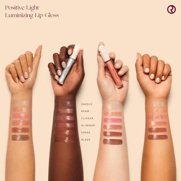 Rare Beauty Positive Light Luminizing Lip Gloss in various shades, featuring a glossy finish and sleek packaging.