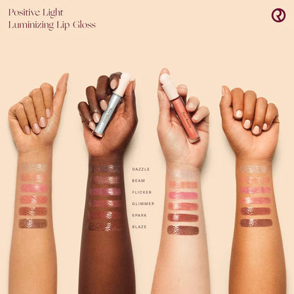 Rare Beauty Positive Light Luminizing Lip Gloss in various shades, featuring a glossy finish and sleek packaging.