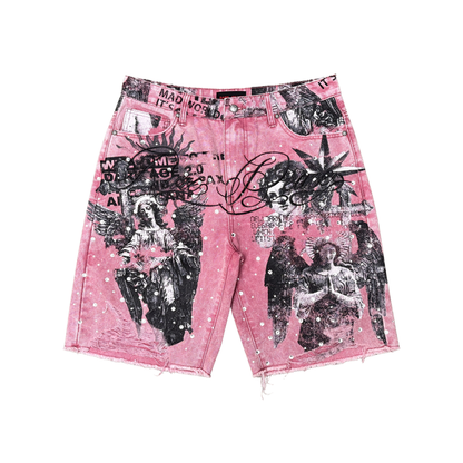 Rare Peace "All Over Angel" Rhinestone Dust Pink Denim Short (RS6062)