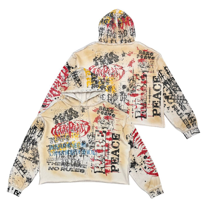 Rare Peace All Over Rhinestone Washed Ecru Pullover Hoodie showcasing intricate rhinestone design and washed fabric finish