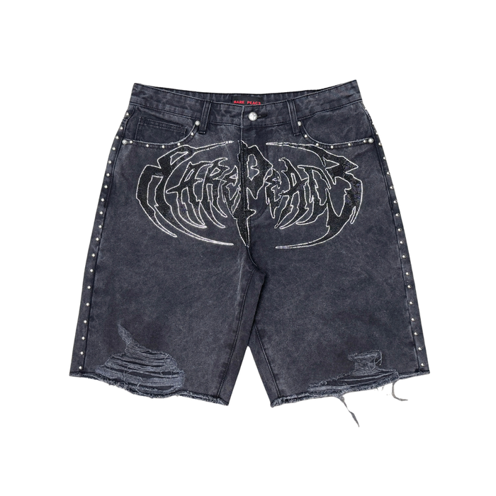 Rare Peace "Logo" Rhinestone Washed Black Denim Short (RS6061)