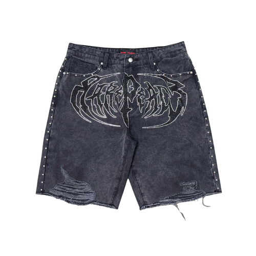 Rare Peace "Logo" Rhinestone Washed Black Denim Short (RS6061)