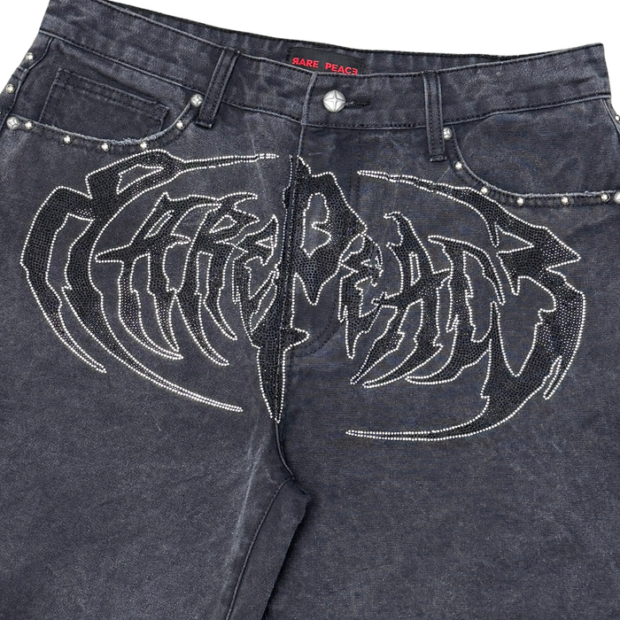 Rare Peace "Logo" Rhinestone Washed Black Denim Short (RS6061)