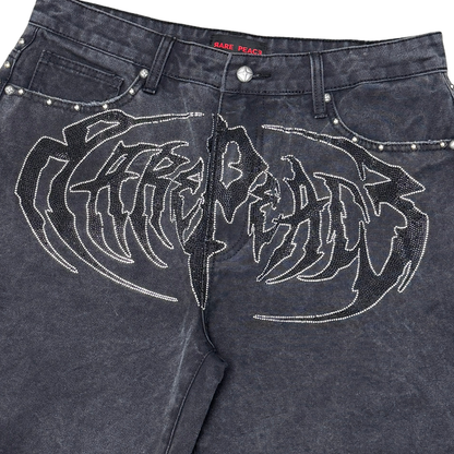Rare Peace "Logo" Rhinestone Washed Black Denim Short (RS6061)