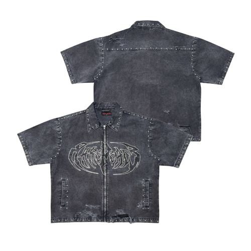 Rare Peace "Logo" Rhinestone Washed Black Zip Down Shirt (RJ6061)