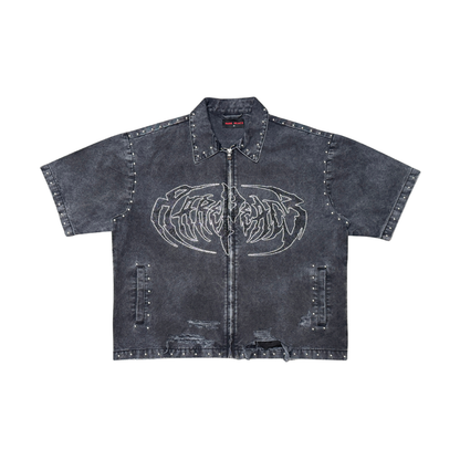 Rare Peace "Logo" Rhinestone Washed Black Zip Down Shirt (RJ6061)