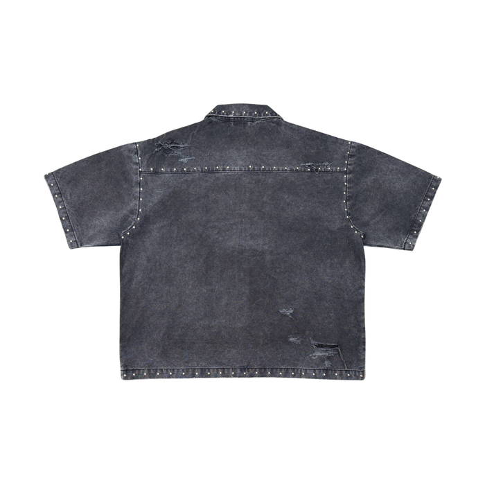 Rare Peace "Logo" Rhinestone Washed Black Zip Down Shirt (RJ6061)