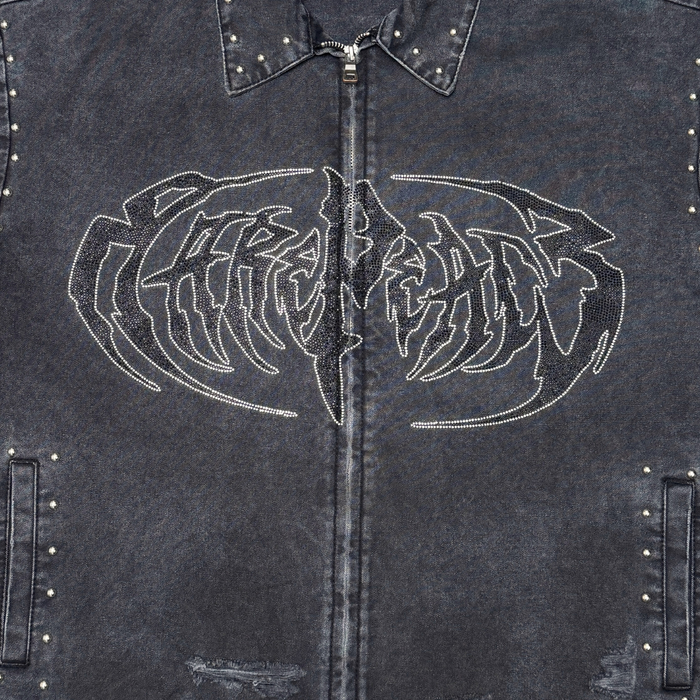 Rare Peace "Logo" Rhinestone Washed Black Zip Down Shirt (RJ6061)