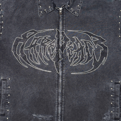 Rare Peace "Logo" Rhinestone Washed Black Zip Down Shirt (RJ6061)